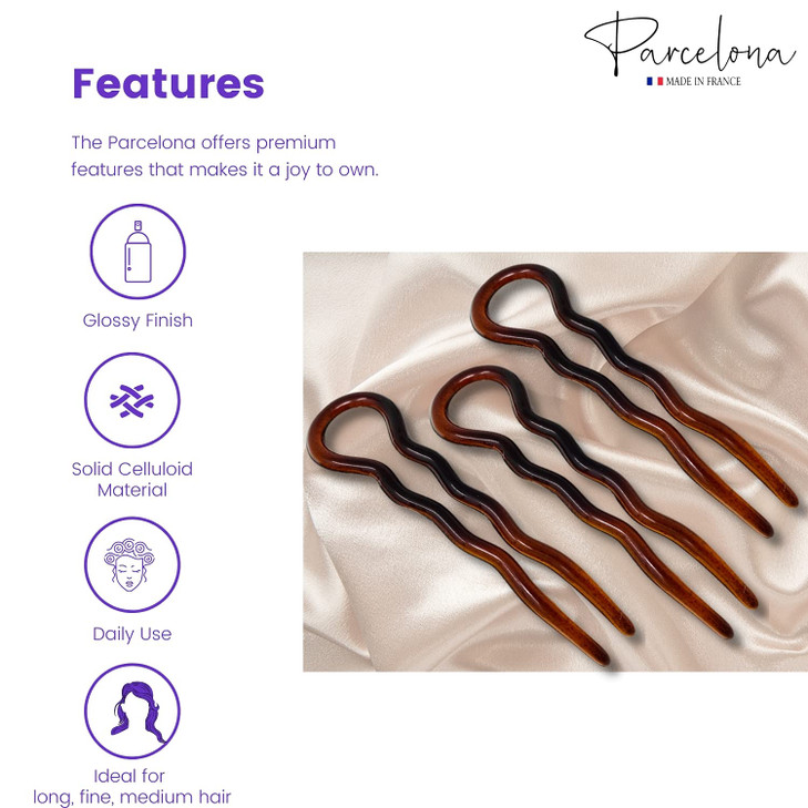 Parcelona French Sleek Brown Tortoise Shell Large 3 12 Celluloid Made in France Set of 3 Wavy Crink U Shaped Chignon Hai