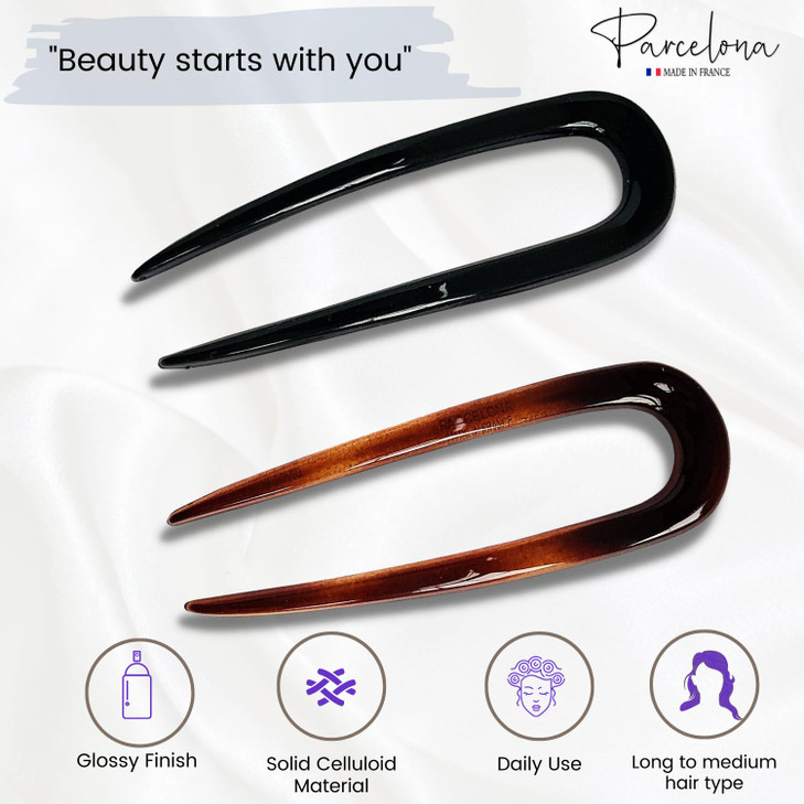Parcelona French Set of 2 Tortoise Shell Brown Black Celluloid Chignon Bun Hair Updo U Sticks Pins for Bun