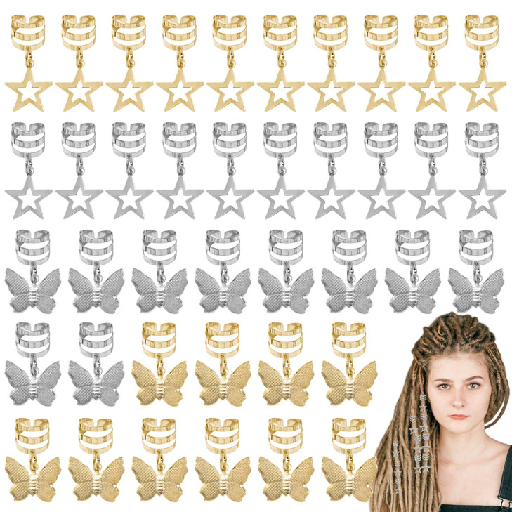 40 Pack Star and Butterfly Braid Clips for Girls Jewelry Cuffs Hair Clips Dreadlock Braids Hair Rings Gold Silver Decora