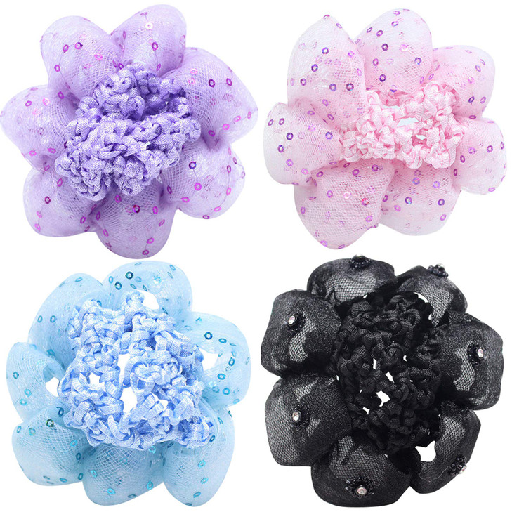 4 Pack Sequin Scrunchies for Girl Rich Tones Mesh Bun Covers Elastic Hair Ties Ponytail Holders for Performance Dance Ch