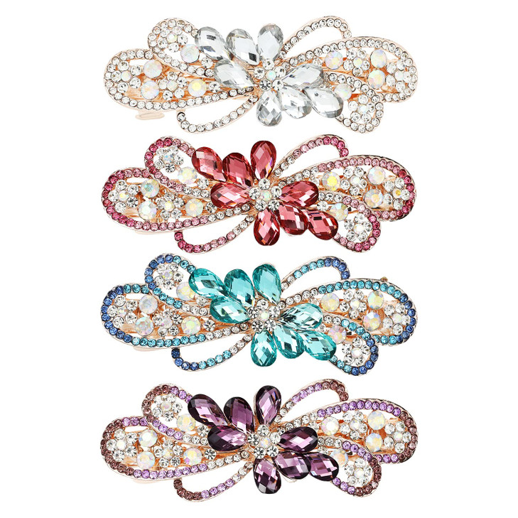 inSowni 4 Pack Luxury Glitter Sparkly Jeweled Gems Crystal Rhinestone Flower Metal French Barrettes Snap Alligator Hair