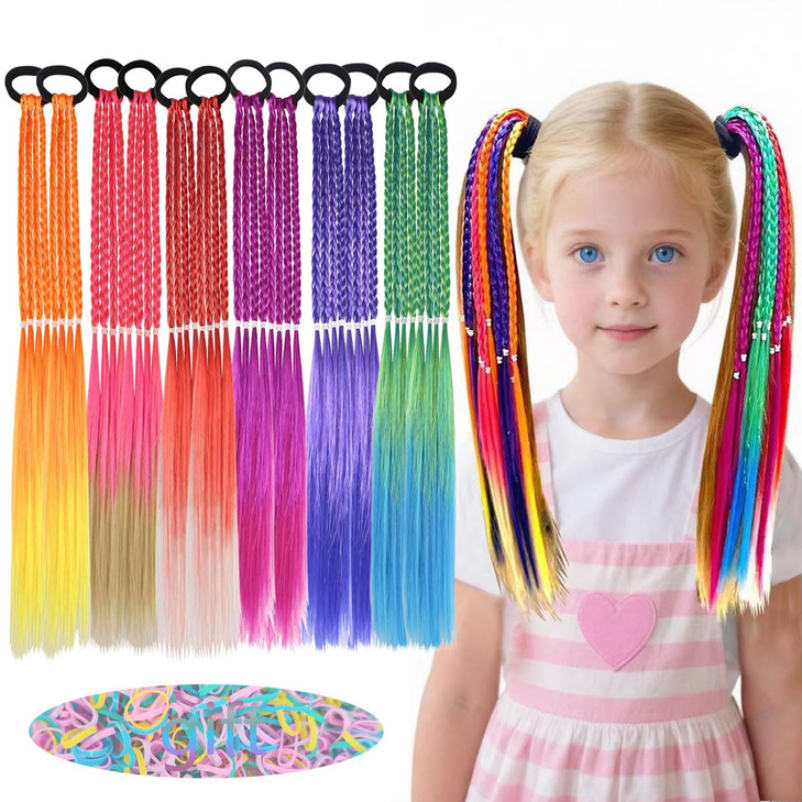 Colored Braids Hair Extensions with Rubber Bands Rainbow Braided Synthetic Hairpieces Ponytail Hair Accessories for Wome