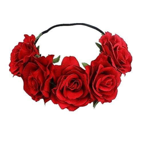 DNHCLL Rose Flower Crown Floral Headpiece for Women and Girls Red Artificial Rose Hair Wreath with Headband