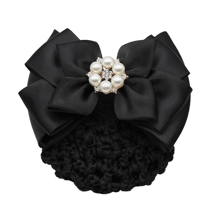 Bowknot Decor Snood Net Barrette Hair Clip Bun Cover Pearl Rhinestones Hairnet Bow French Hair Clip with Net Hair Access
