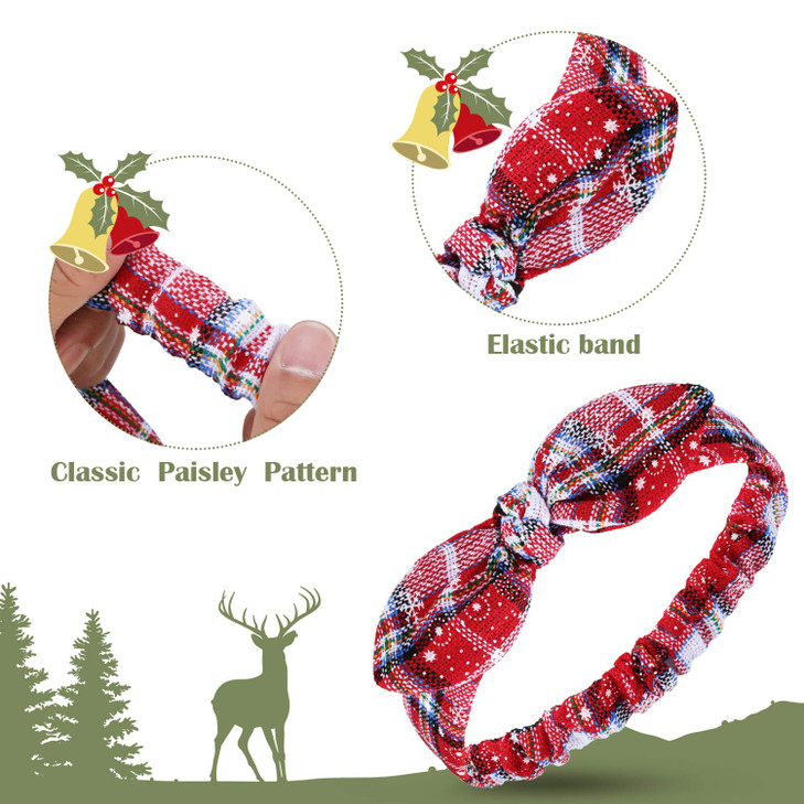 Blulu Christmas Headbands Red Plaid Headbands Snowflake Bow Bandana Knot Headwrap Retro Elastic Rabbit Ear Hairband for