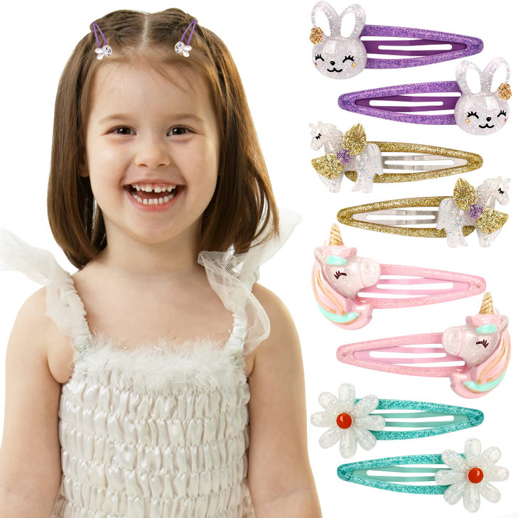 Girls Unicorn Hair Clips Toddler Girls Snap Clips with Cute Flower PatternLovely Rabbit Metal Snap Hair PinsCute Flower