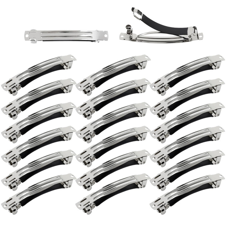 Cinaci 20 Pack 8cm3 Simple Plain Blank DIY Caft Silver Metal French Hair Barrettes with Black Leather Cover Snap Hair Cl