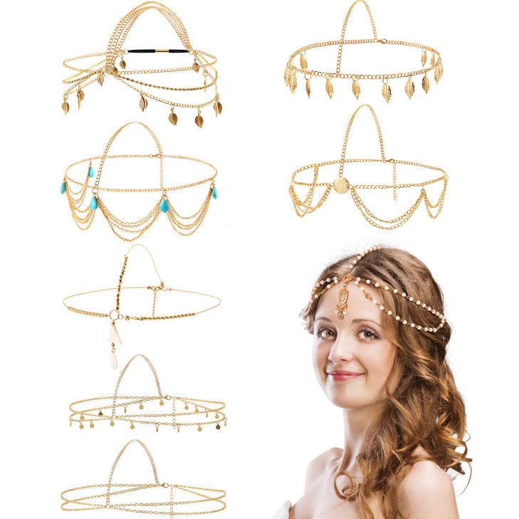 WILLBOND 8 Pieces Gold Head Chain Jewelry Halloween Boho Headband Coins Pearl Tassel Chain Hair Band Festival Prom Weddi