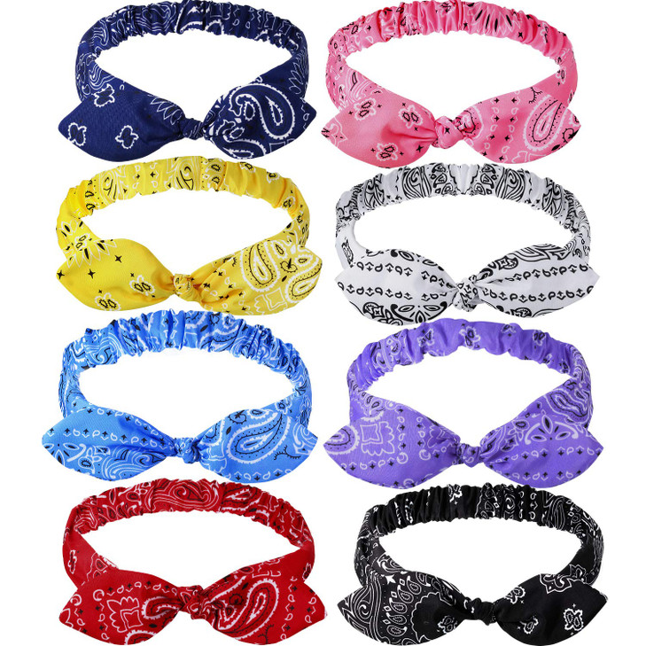 Hicarer 8 Pcs Headband Bandana for Women Paisley Retro Print Bow Knot Rabbit Ear Bandana Headbands Headwrap for Women Ha