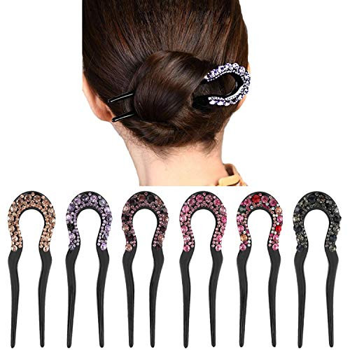 6 Pack Black Sparkly Bling Jeweled Rhinestone Plastic U Shape Hair Fork Pins Chopsticks Hairpins Picks Carved Hollow Lon