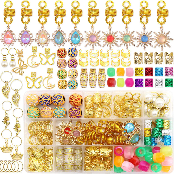 NAISKA 148Pcs Gold Crystal Hair Jewelry for Braids Colorful Rhinestone Loc Dreadlocks Braid Accessories Butterfly Star P