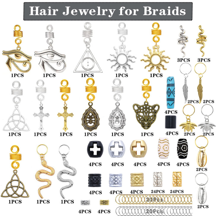 NAISKA 168Pcs Hair Jewelry for Braids Gold Silver Snake Cross Loc Dreadlock Accessories Metal Alloy Hair Coils Rings Dre