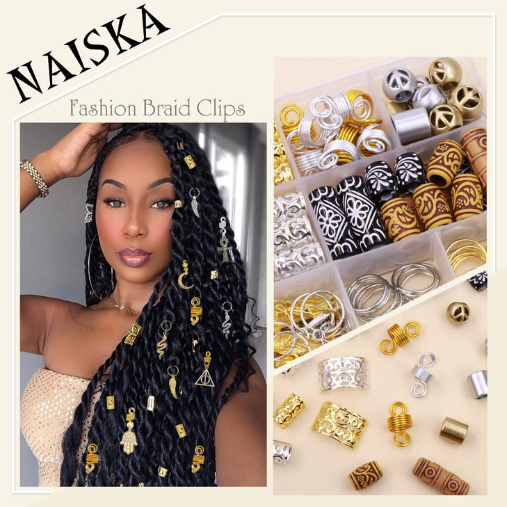 NAISKA 184Pcs GoldHair Jewelry for Braids Metal Alloy Snake Braid Clips Dreadlocks Accessories Loc Adornment Wood Beads