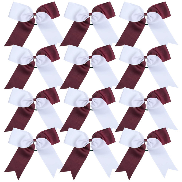 Cheerleading Bow Jumbo Cheer Bows 12 Pcs 7 Inch Ponytail Holder Cheerleader Bows Hair Tie MaroonWhite