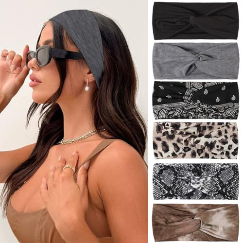 Kachanaa 6 Pack Solid Color Boho Style Nonslip Printed Headband Wigs for Women Soft Elastic Breathable Hair Bands Turban