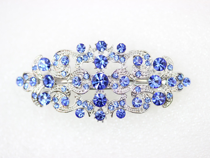 Faship Blue Rhinestone Crystal Floral Hair Barrette Clip