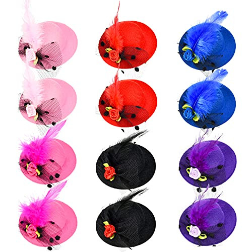 Patelai 12 Pieces Mini Tea Party Hats for Women Clip on Fascinator Hat Hair Clips with Ribbon Flowers Faux Feather Mesh