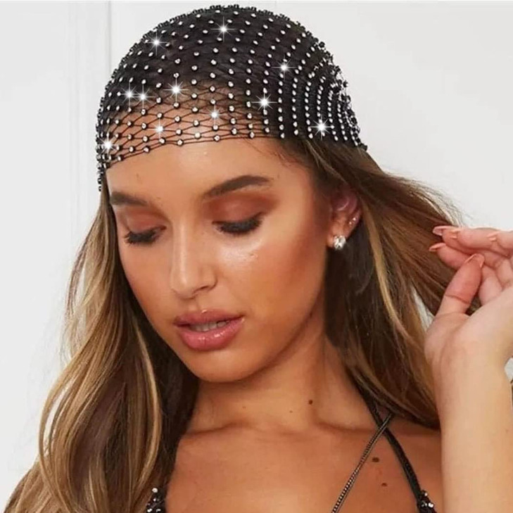 JEAIRTS Rhinestone Head Scarf Sparkly Mesh Headband Stretchy Crystal Nightclub Headwrap Rave Hair Accessories for Women