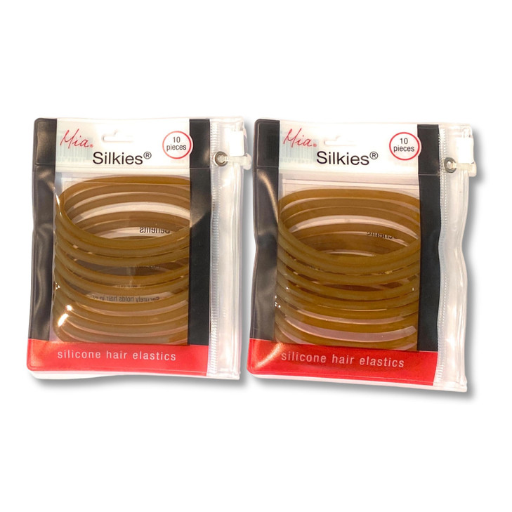 Mia Beauty Silkies Silicone Hair Elastics NoSlip Rubber Bands Translucent Brown for Women Athletes Girls Thick Hair 2pks
