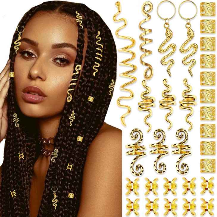 SAWINDA 30PCS Loc Hair Jewelry for Braids Metal Dreadlock Beads Set Snake Hair Clips Decoration Extended Spiral Hair Cuf
