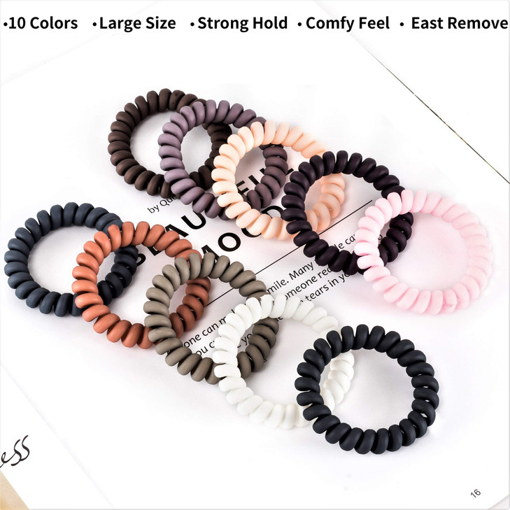 79STYLE 30Pcs Spiral NoCrease Matte Phone Cord Ponytail Holders and Plastic Coil Scrunchies 10 Colors Large Size