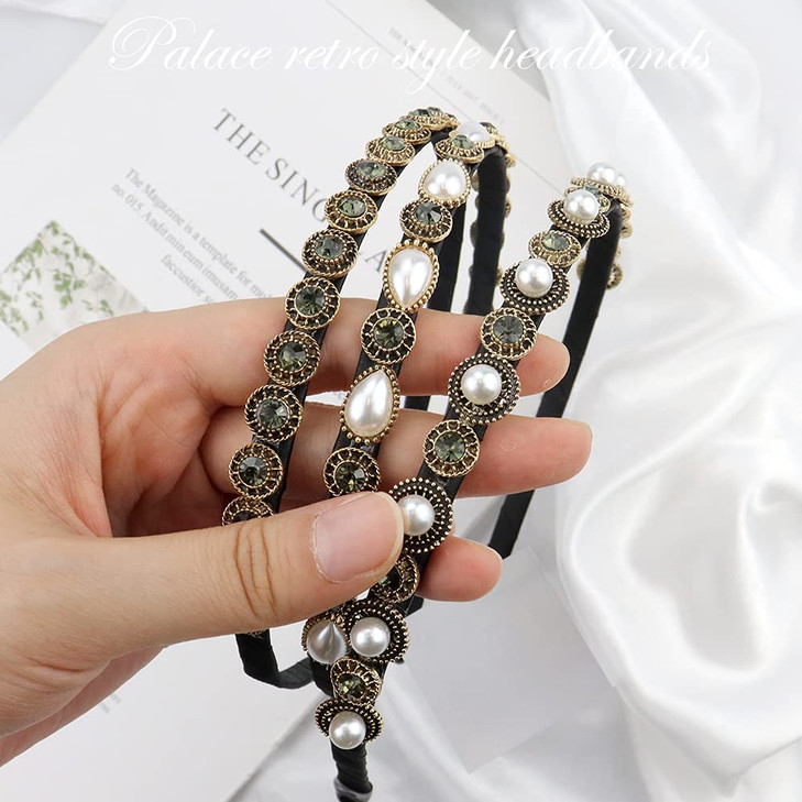 NAIHOD 3 Pcs Pearls Rhinestones Thin Headbands for Women Girls Luxury Vintage Hair Bands for Womens Hair with Cloth Wrap