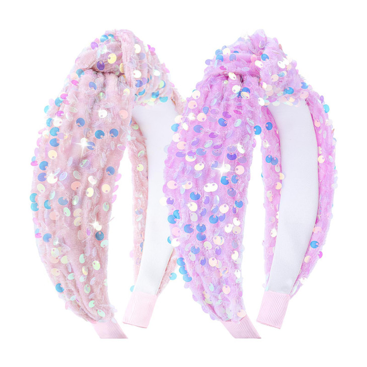 Lanmerry Sequin Knotted Headbands Sparkly Pink Glitter Velvet Hair Accessories for Girls Kids 2Pcs