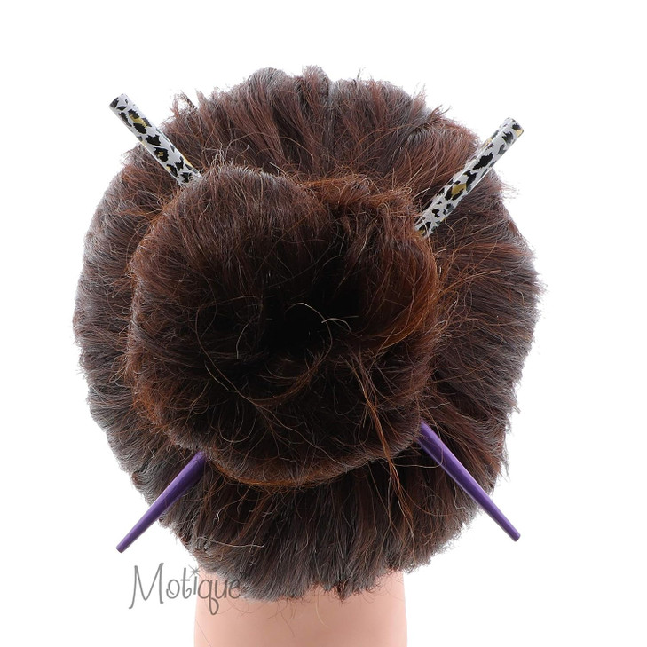 Two 725 inch Long Wooden Animal Print Hair Sticks for Women Purple