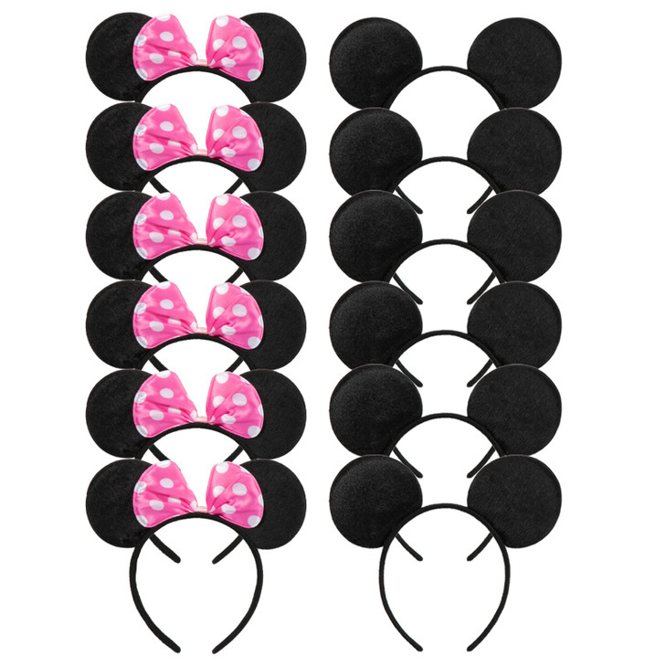 CHuangQi Mouse Ears Solid Black and Pink Bow Headband for Boys Girls Birthday Party Pack of 12