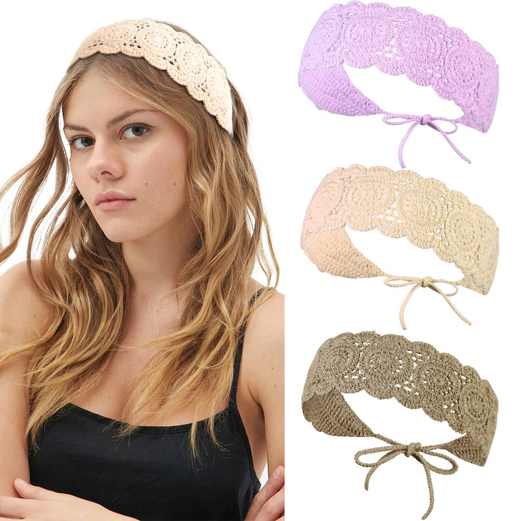 CHLINS Headband 3PCS Crochet Hairband for Women Floral Elastic Handmade Head Wrap Bohemian knit Headband for Women and G