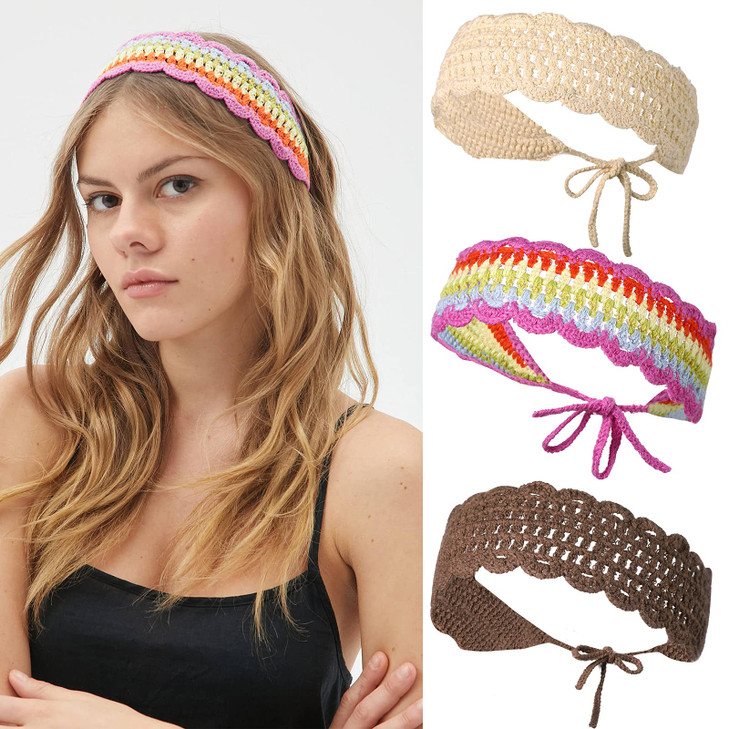 CHLINS Hairband 3PCS Crochet Headband Women Floral Hairband Elastic Handmade Crochet Head Wrap Bohemian knit Headband fo