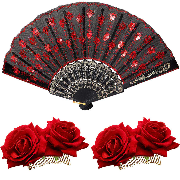 2 Pieces Women Rose Flower Hair Clip and Embroidered Sequins Fabric Handheld Folding Fan Mexican Hair Accessories for Fl