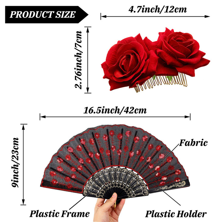 2 Pieces Women Rose Flower Hair Clip and Embroidered Sequins Fabric Handheld Folding Fan Mexican Hair Accessories for Fl