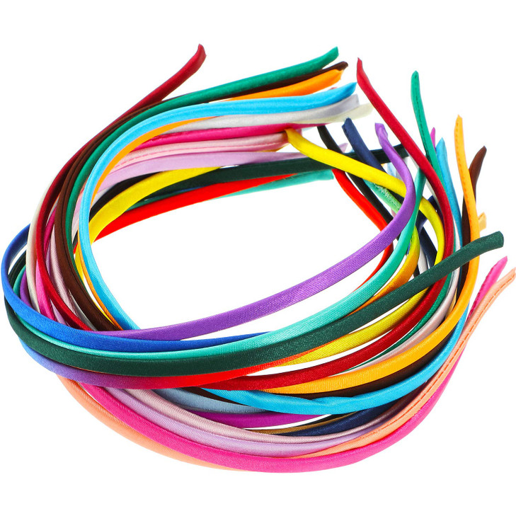 WILLBOND 24 Pieces Thin Satin Headbands for Women Girls 5 mm DIY Craft Colorful Ribbon Hair Bands Skinny Plain Narrow He