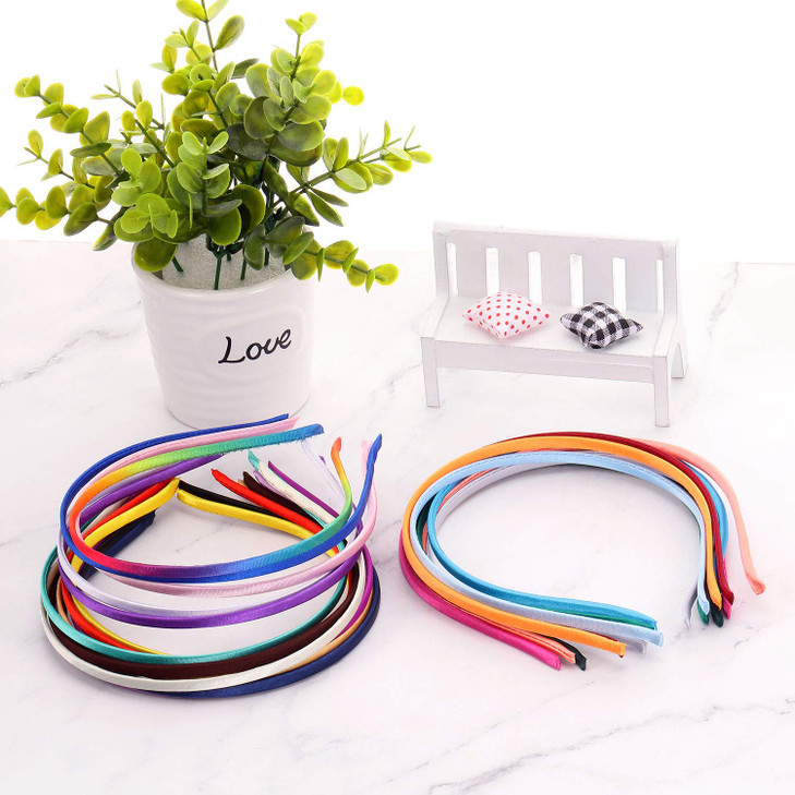 WILLBOND 24 Pieces Thin Satin Headbands for Women Girls 5 mm DIY Craft Colorful Ribbon Hair Bands Skinny Plain Narrow He