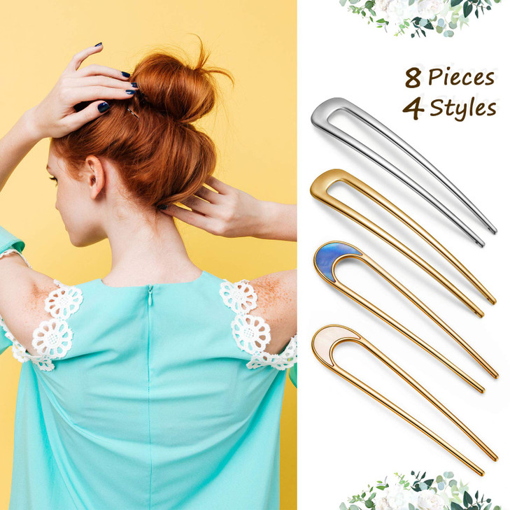 WILLBOND 8 Pieces French Hair Pin Metal U Shaped Pins Gold and Silver 4 Inch Sticks Chignon Pins Hair Chopsticks for Wom