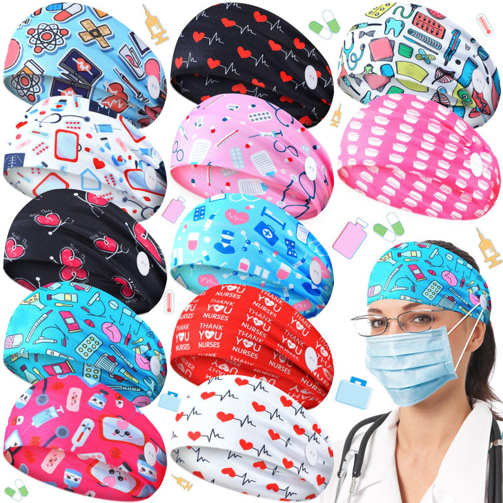 Jexine 12 Pcs Nurse Headbands for Women Non Slip Nursing Headbands with Buttons Dental Assistant Accessories Hygienist D