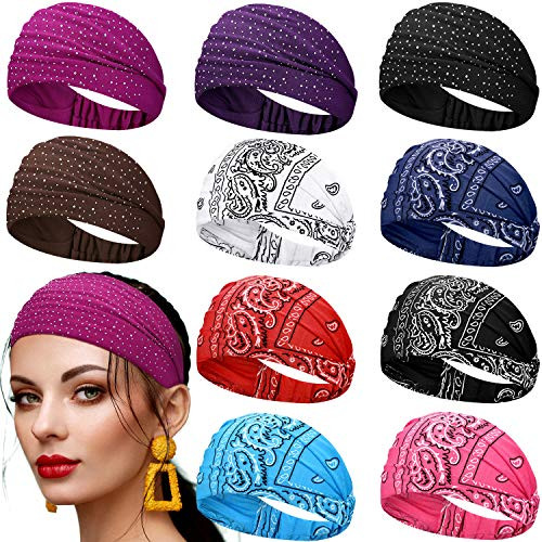 WILLBOND 10 Pcs Wide Bandana Headbands for Women Non Slip Paisley Crystal Hairband Elastic Boho Bling Rhinestone Head Wr