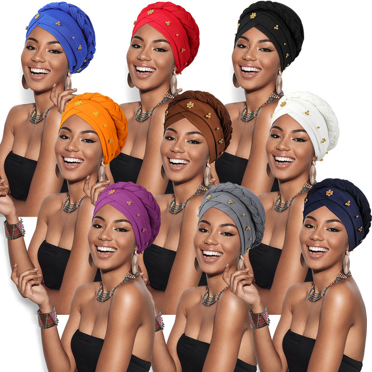 SATINIOR 9 Pcs Turbans for Women Braid Headscarf Hair Wrap Pre Tied Twisted Turbans Beanie Beaded Knotted Headband for W