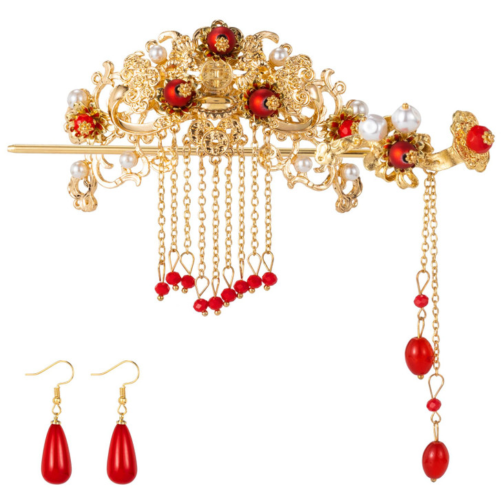 Chinese Hair Accessories for Wedding Red Tassel Hair Pin Alloy Pearl Hair Jewelry Set Red Dangle Drop Earrings Vintage H