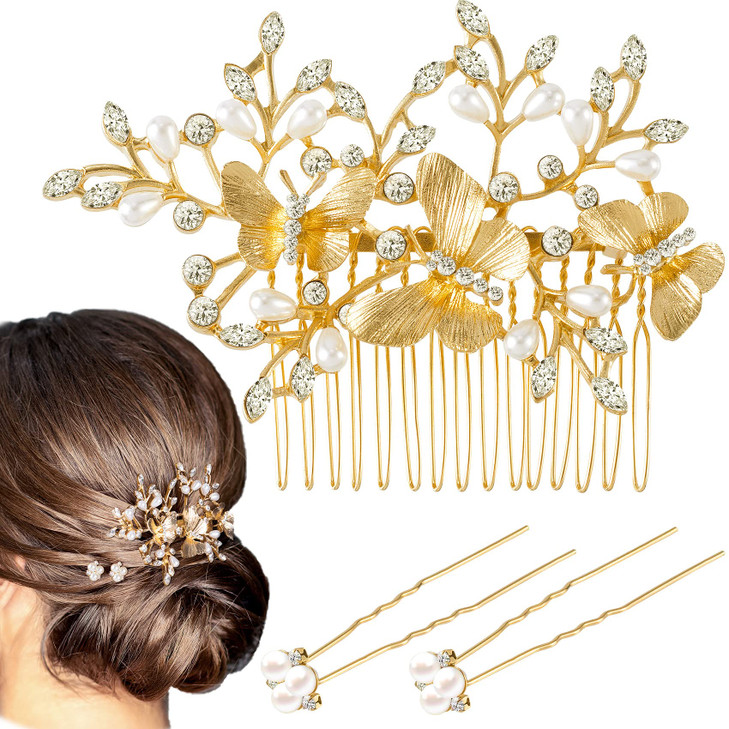OIIKI Gold Butterfly Hair Accessories Pearl Rhinestone Bridal Comb Crystal Leaf Side Comb 2 Hair Pins Vintage Jewelry fo