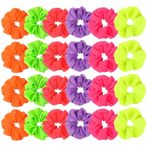 24 Pcs Neon Scrunchies for Hair 80s Neon Hair Accessories for Women Halloween Costumes Elastic Scrunchy Bands Solid Colo