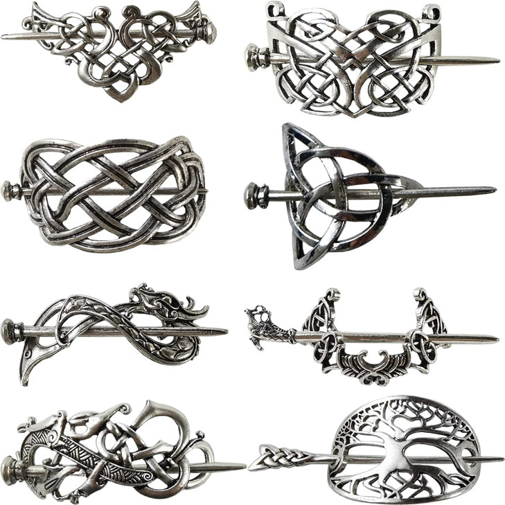 GXXMEI 8PCS Hair Clips Viking Celtic Hair Sticks Celtic Knot Hairpin Retro Silver Vintage Metal Hair Barrette Viking Jew