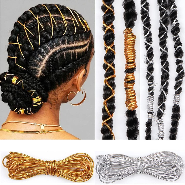 KCXUUYS 2 Pcs 5M Dreadlock Braids Hair Accessories Shimmery Stretchable Hair Strings for Braids in Gold Silver