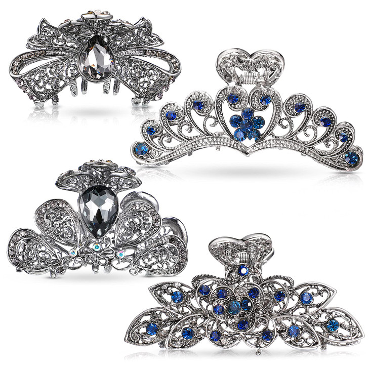Chuangdi 4 Pieces Vintage Crystal Rhinestones Hair Clips Flower Metal Hair Claw with Sparkly Glitter Rhinestones Nonslip