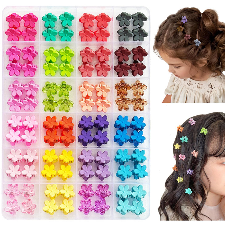 EleMirsa 96pcs Baby Girl Hair Clips 24 Multicolors Mini Flower Claw Clips in Organizer Box