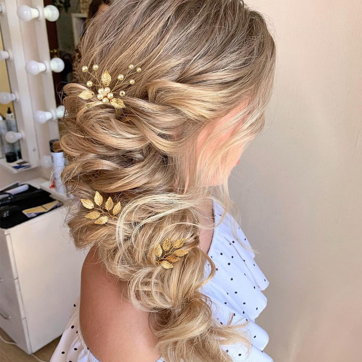 8PCS Gold Wedding Bridal Hair Pins Leaf Pearl Hair Pins Clips Vintage Hair Headpiece Jewelry for Bridesmaids Brides Flow