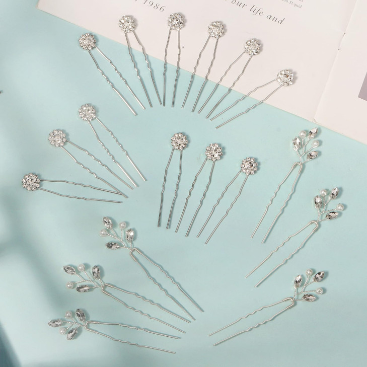 Yandino 18 Pieces Wedding Hair Pins for Bridal Silver Rhinestone Wedding Hair Accessories for Brides Bridesmaids Women