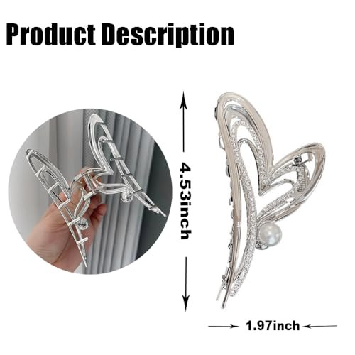 KOLONAMS Hair Clip 1Pcs Valentines Day Heart Shaped Rhinestone and Pearl Claw Clip Strong Hold Sliver Hair Barrette for