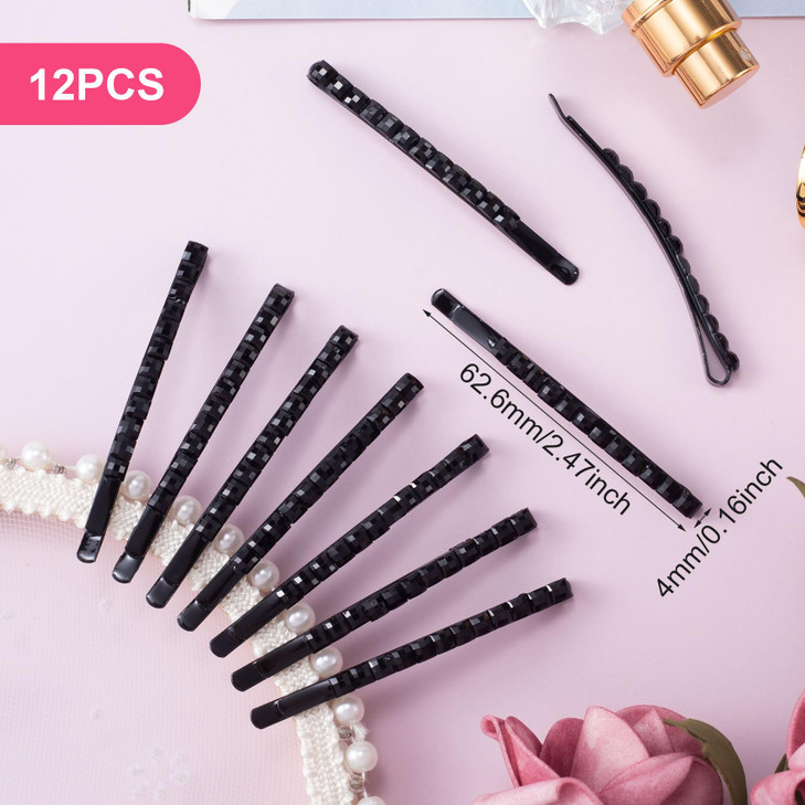 Isslly 12 Pcs Black Rhinestone Bobby Pins Sparkly Crystal Diamond Hair Pins for Women Metal Decorative Hair Barrettes Sh